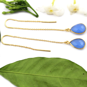 Pendientes colgantes de lágrima de Calcedonia al por mayor, joyería roscada de cadena larga chapada en oro de la India - Product Image 2
