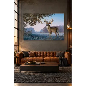 Impression sur toile d'un cerf Fida au lever du soleil dans une prairie givrée - Product Image 2