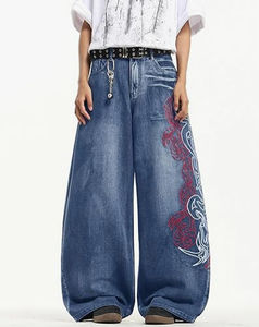Wide Leg Denim <b>Jeans</b> High Waist Stonewashed Cotton Loose Fit Embroidered <b>Floral</b> Streetwear Pants Autumn Style - Product Image 1
