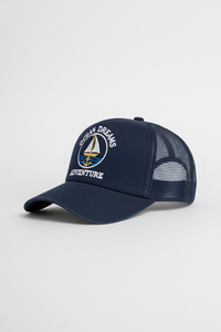 Chapeau d'aventure unisexe pour l'extérieur |   Casquette de camionneur bleu marine avec broderie de voilier et d'ancre « Ocean Dreams » - Product Image 4