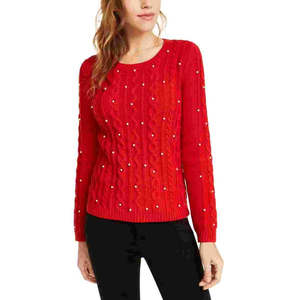 Maglione da Donna Maison Jules Rosso Taglia XL in Mohair a Trecce con Perle Finte e Motivo Azteco Traspirante per Autunno e Inverno - Product Image 1