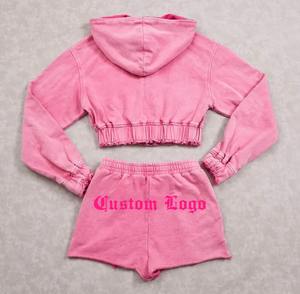 Ensemble sweat à capuche et short personnalisé 2 pièces en coton éponge française brodée haut court en détresse Vintage délavé à l'acide survêtement pour femmes - Product Image 2
