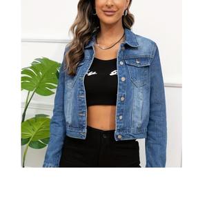 Chaqueta vaquera recortada de manga larga para mujer, Vintage ajustada de estilo chaqueta vaquera, bolsillos con botones de solapa para proveedor de impresión de BD - Product Image 3