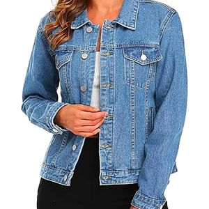 Vente chaude, veste en jean élégante pour femmes, OEM, avec col, veste en jean décontractée bleu clair personnalisée pour femmes, en vente - Product Image 1