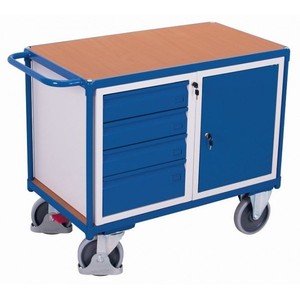 Chariot d'atelier robuste Variofit, 1 niveau de chargement, capacité de 500 kg, construction en acier et en fer, caoutchouc thermoplastique, armoire à outils - Product Image 1
