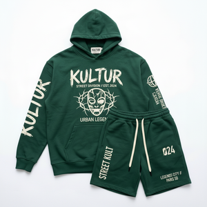Custom Mens green Pullover Hoodie Shorts <b>set</b> Tracksuit <b>Set</b> Graphic Streetwear Heavyweight OEM Private Label B2B Manufacture - Product Image 6