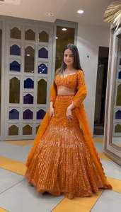 Elegante seda satinada Lehenga Choli moda indio pakistaní bordado lentejuelas trabajo Faux Georgette - Product Image 4