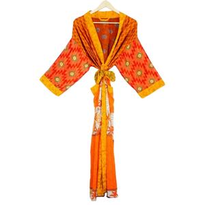 Vintage Women's Silk <b>Kimono</b> <b>Robe</b> Patchwork Floral Comfort Fit <b>Long</b> Lounge Wear Bohemian Style for Summer Sleepwear Autumn Spring - Product Image 1