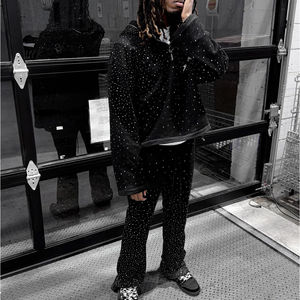 Custom Mens <b>Zip</b>-Up Full-Face <b>Hoodie</b> & Sweatpants Set Acid Wash Rhinestone Reflective Streetwear Custom Manufacturer - Product Image 4