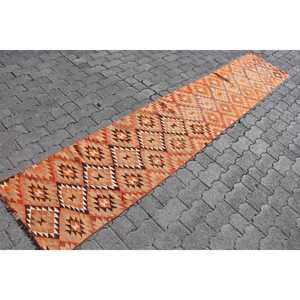 1.9x10.1 ft <b>Runner</b> Turkish <b>Rug</b>, Vintage <b>Rug</b>, Orange Brown Solid Wool <b>Rug</b> - Product Image 3