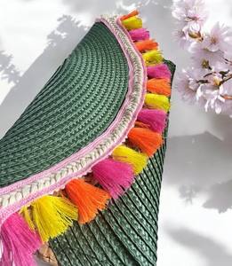 <b>Green</b> Woven <b>Clutch</b> Bag with Colorful Tassels Lightweight Summer Purse Rigid Straw Bag - Product Image 1