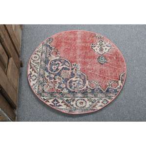 2.3x2.3 ft Turkish Rug, Vintage Round Rug, <b>Red</b> Blue Camouflage <b>Wool</b> Rug - Product Image 1