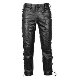 <b>Men's</b> Black Lace Up <b>Leather</b> Pants Slim Fit Biker <b>Trousers</b> Side Laced Adjustable Rock Style Handmade <b>Leather</b> Pants - Product Image 1
