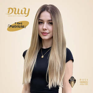 (Solo para EE. UU.) Peluca sintética larga Patricia-DWY con frente de encaje y parte en T, color marrón claro con degradado marrón, sin pegamento - Product Image 1