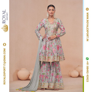 Nouveau concepteur véritable Chinon impression numérique Salwar Kameez avec travail de broderie et même travail sur le fond et Dupatta - Product Image 1