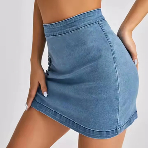 Jupes en jean bleu délavé tendance été, taille haute, mini jupe plissée en denim pour femmes, très demandée - Product Image 4