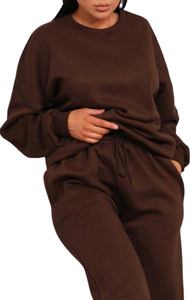 Meilleur ensemble de survêtement pour femme en molleton à col montant et pantalon de jogging à revers, respirant, streetwear, uni, pour l'hiver - Product Image 4