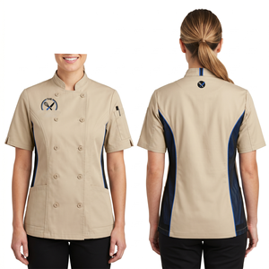 Uniforme de chef pour femmes, 200 GSM, coton poly premium, gris noir, panneaux latéraux en maille, logo personnalisé brodé, veste de chef - Product Image 4