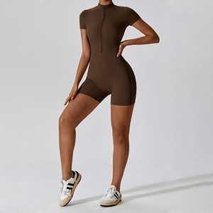 จั๊มสูทแขนสั้นมีซิปด้านหน้าสำหรับผู้หญิงแห้งเร็วสีพื้นชุดใส่เล่นโยคะออกกำลังกาย - Product Image 4