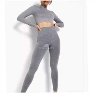 Traje de gimnasio de cintura alta de secado rápido de la mejor calidad con logotipo personalizado para mujer, conjunto de Yoga de alta calidad con mangas largas - Product Image 3