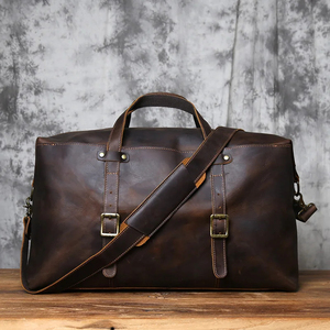 Genuine Leather Foldable Portable Weekender <b>Duffel</b> <b>Bag</b> Zipper Closure Durable Vintage Style Large Capacity Waterproof Travel - Product Image 1
