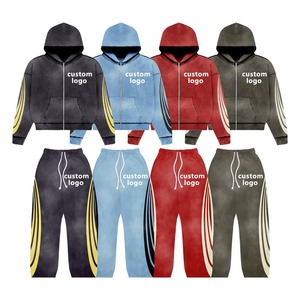 Custom Embroidery Logo Winter Streetwear Breathable Acid Washed Distressed 400g Tracksuits 100% Cotton Patch <b>Sweatpants</b> <b>Set</b> Men - Product Image 1
