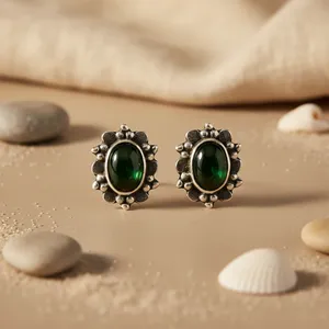 Vintage Women's Trendy Stud <b>Earrings</b> with Black <b>Onyx</b> Bezel Setting Geometric Shape Silver Tone Jewelry Gift - Product Image 2