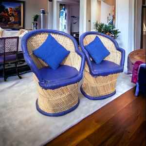 Juego de 2 sofás de bambú ligeros de estilo moderno Vintage con cojín azul para restaurante, jardín, sala de estar - Product Image 6