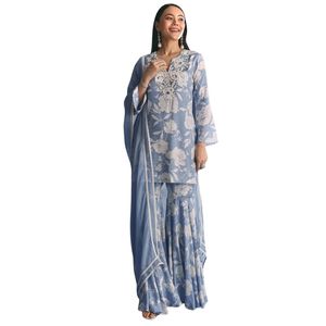 Abito blu Sharara con stampa floreale in mussola con ricamo Moti per le donne indiano festa di nozze e vestito tradizionale - Product Image 3