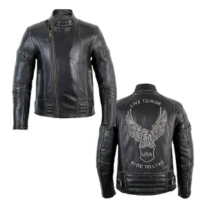 Jaket Kulit Sapi Chopper Sepeda Motor Pria, Jaket Kulit Sapi Elastic Eagle Embossing Di Belakang, Jaket Biker Jalanan Tinggi Tahan Air