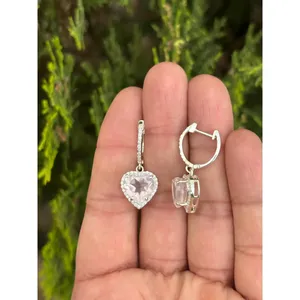 925 Silver Heart Shape Rose Quartz <b>Earrings</b> Bezel Set with Diamond Gold Plated Drop and <b>Stud</b> for Wedding or Engagement - Product Image 3