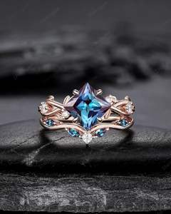 Plata de Ley 925 corte princesa alejandrita compromiso junio piedra natal hoja promesa anillo ramita rama vid anillo de bodas - Product Image 6