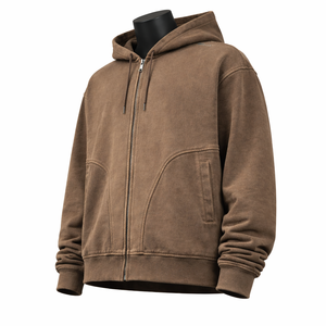 Sudadera con capucha de alta calidad para fabricantes, estilo vintage lavado, con cremallera completa, forro polar grueso, oversize, estilo urbano, con paneles curvos - Product Image 3