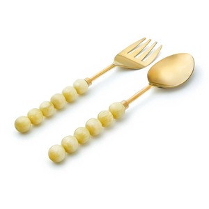Wite Resin Beads Handle Gold Plated Salad Serving Sets Tableware Shiny Finished Food Serving Salad Server - Product Image 3