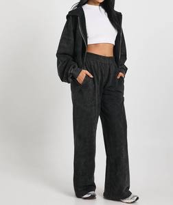 Conjunto Deportivo de 2 Piezas para Mujer en Felpa de Algodón Lavado al Ácido, Sudadera Corta con Cremallera Completa y Pantalones Jogger de Pierna Ancha, Corte Holgado, OEM ODM - Product Image 3