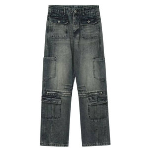 Custom Men's Plus Size Straight-Leg Denim Jeans Multi-Pocket Washed Distressed Overalls Zipper Stitching Loose Fit Mid-Waist - Product Image 2