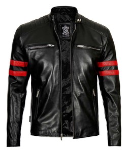 Wholesale Hunter <b>Men</b> Black Real Leather Maroon Striped <b>Jacket</b> Lambskin - Product Image 2