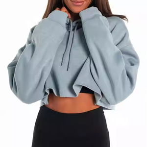 Sweat à capuche de qualité supérieure 100% coton avec cordon de serrage Sweat-shirt d'hiver avec logo personnalisé Sweats à capuche courts pour femmes à épaules tombantes - Product Image 5