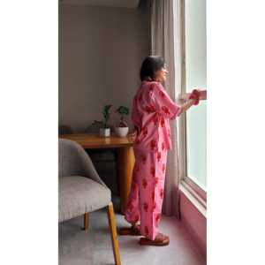 Ensemble pyjama 2 pièces d'été pour femme Lobster Love, manches courtes, tissé doux, taille élastique avec cordon de serrage, respirant, motif nœud, cœur, cerise, ODM - Product Image 3