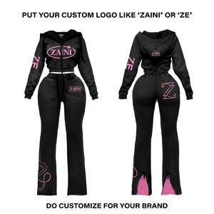 Ensemble de survêtement premium pour femme en molleton doux 320 GSM, design à empiècements noir et rose, avec logo brodé personnalisé - Product Image 1