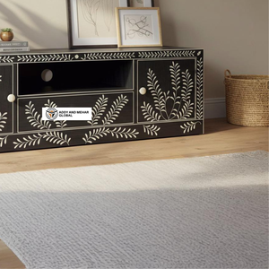 Mueble para TV Moderno de Lujo con Incrustaciones de Hueso y Diseño Floral Negro para Sala de Estar y Decoración del Hogar de Hotel - Product Image 4