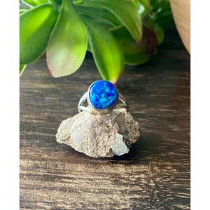 Navajo Handmade Sterling Silver <b>Ring</b> with <b>Blue</b> <b>Opal</b> Inlay Vintage Statement Jewelry Size 7.25 - Product Image 1