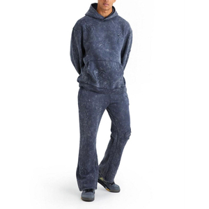 Custom Acid Wash Hoodie Set <b>Men</b> Embroidered <b>Flared</b> Sweatpants Tracksuit Vintage Streetwear Heavyweight Zipper Hoodie - Product Image 1