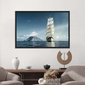 งานศิลปะติดผนังกระจกนิรภัยลายเรือใบ: ของตกแต่งผ้าใบพิมพ์ลายชายฝั่ง, ผ้าใบกรอบสีดำ - Product Image 1