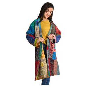 Vintage Boho Kantha Patchwork Reversible Jacket Recycled Silk Patchwork <b>Coat</b> for Women Handmade Casual Wear with Woven Technique - Product Image 4