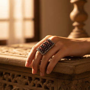 Anillo Rectangular de Plata de Ley 925 con Incrustaciones de Granate y Marcasita, Chapado en Oro Rosa y Rodio de 18K, Estilo Hip-hop de Moda - Product Image 2