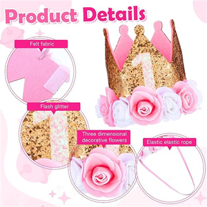 Corona Artigianale Dorata Rosa Glitterata per Feste di Compleanno, Cappello con Paillettes in Feltro per Bambini da 1 a 5 Anni, Uso Interno/Esterno, Prodotto in Cina - Product Image 2