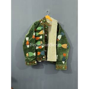 Autumn Winter Unisex Velvet Fish Embroidery Uzbek Suzani Jacket Stand Collar Cotton Lining Floral Pattern Wholesale Short <b>Coat</b> - Product Image 2