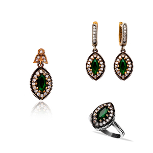 Emerald Stone Authentic Design <b>Set</b> Wholesale Turkish Handcrafted <b>Silver</b> <b>Set</b> Trendy Fashion - Product Image 1