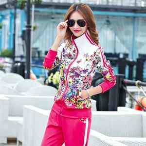Conjunto de ropa deportiva informal de primavera y otoño para mujer, traje de entrenamiento transpirable de talla grande con chaqueta y pantalones de chándal con estampado de flores - Product Image 4